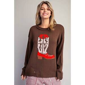 NEW STYLE U western intarsia long sleeve sweater in chestnut brown